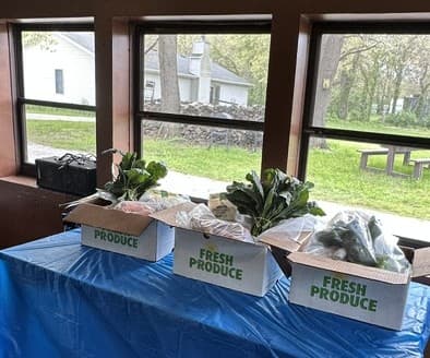 Three Uncle May's produce boxes lined up on a covered market table