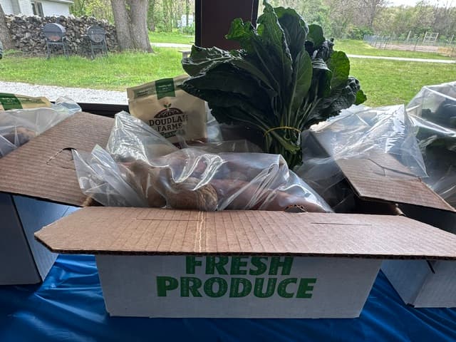 A single Uncle May's Fresh Produce box, packed and ready for delivery